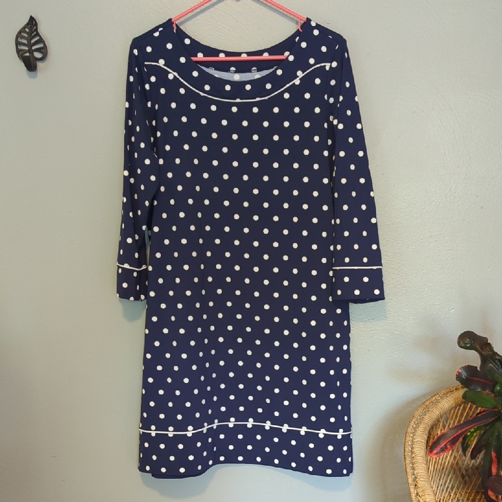 Land's End Polka Dot Boat Neck Dress In Navy Blue Color Three Quarter Sleeve L